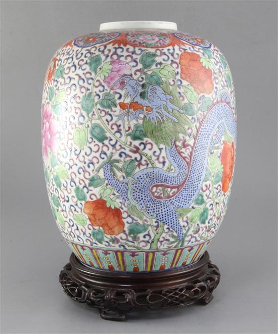 A large Chinese famille rose dragon vase, Republic period, height 33.2cm excl. wood stand